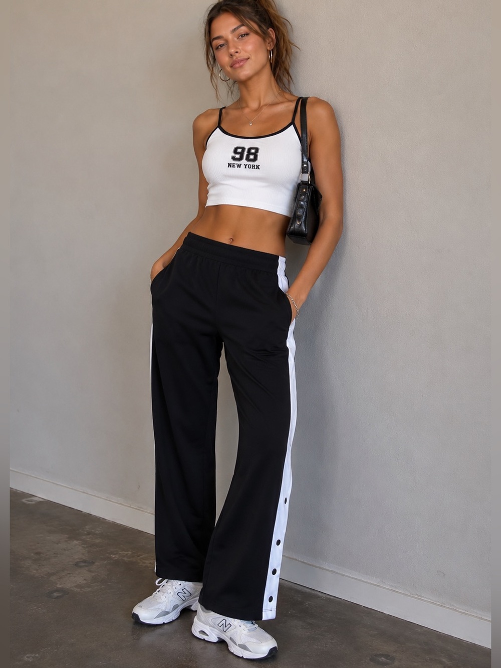 flirtitude Black Wide Leg Track Pants with White Side Stripes & Slits